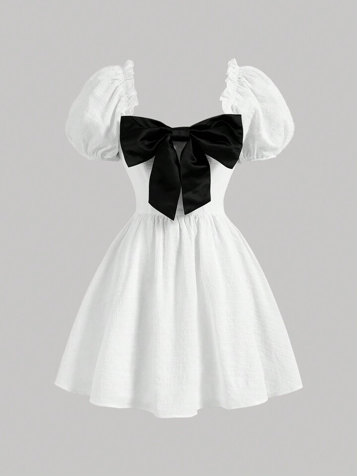 SHEIN MOD Women Fashionable Black And White Contrast Color Bow Knot Swing Mini Dress | SHEIN