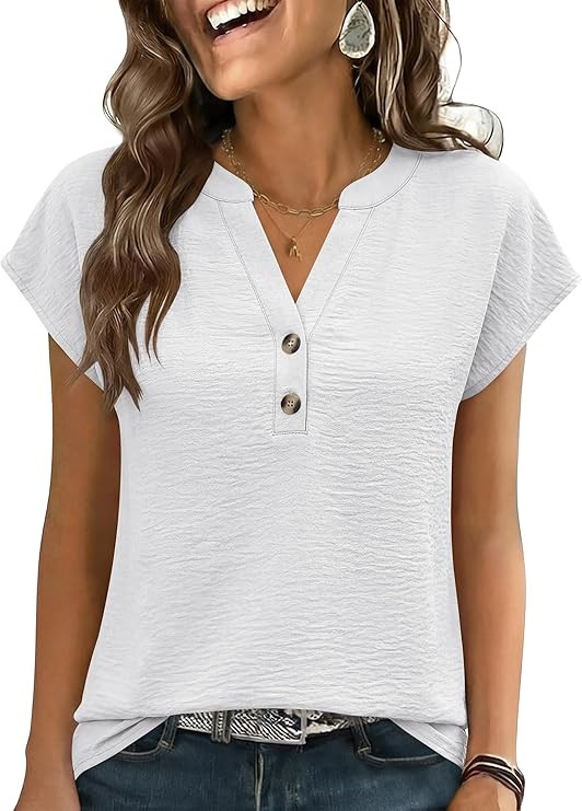 ANRABESS Womens Tops Dressy Casual Cap Sleeve Summer Work Blouses Textured V Neck Henley Shirts 2... | Amazon (US)