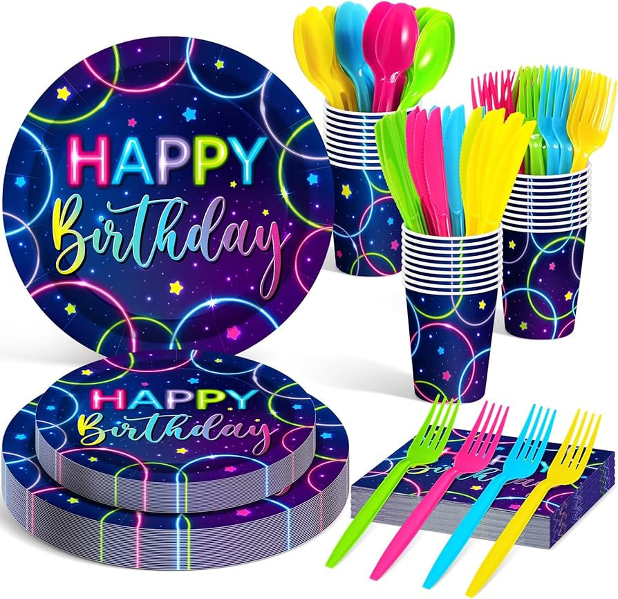 Meanplan Serves 24 Guests Neon Happy Birthday Party Plates and Napkins Neon Glow Birthday Tablewa... | Amazon (US)