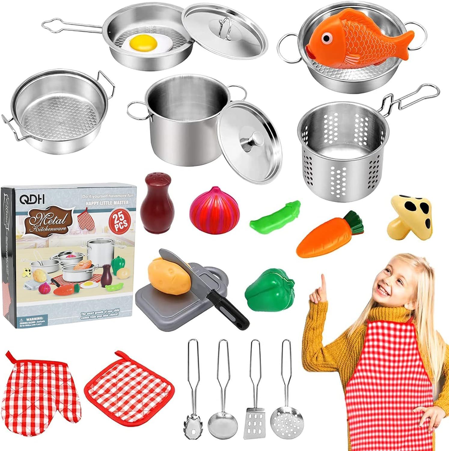 QDH Kids Kitchen Pretend Play Toys Play Kitchen Accessories with Stainless Steel Cookware Pots an... | Amazon (US)