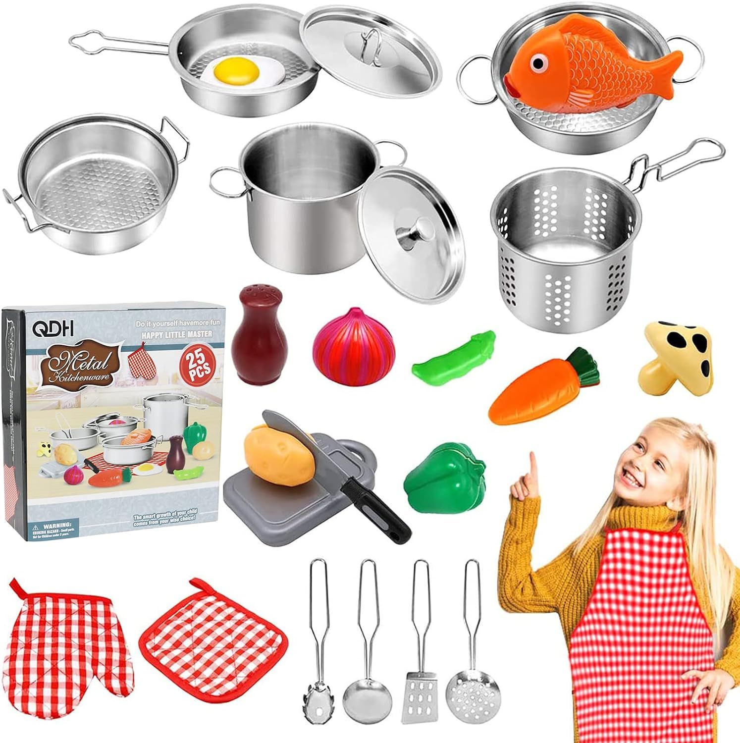 QDH Kids Kitchen Pretend Play Toys Play Kitchen Accessories with Stainless Steel Cookware Pots an... | Amazon (US)
