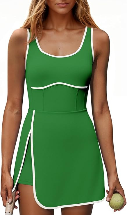 Fisoew Womens Workout Tennis Dress with Built-in Bra & Shorts Pockets Sleeveless Cutout Golf Athl... | Amazon (US)