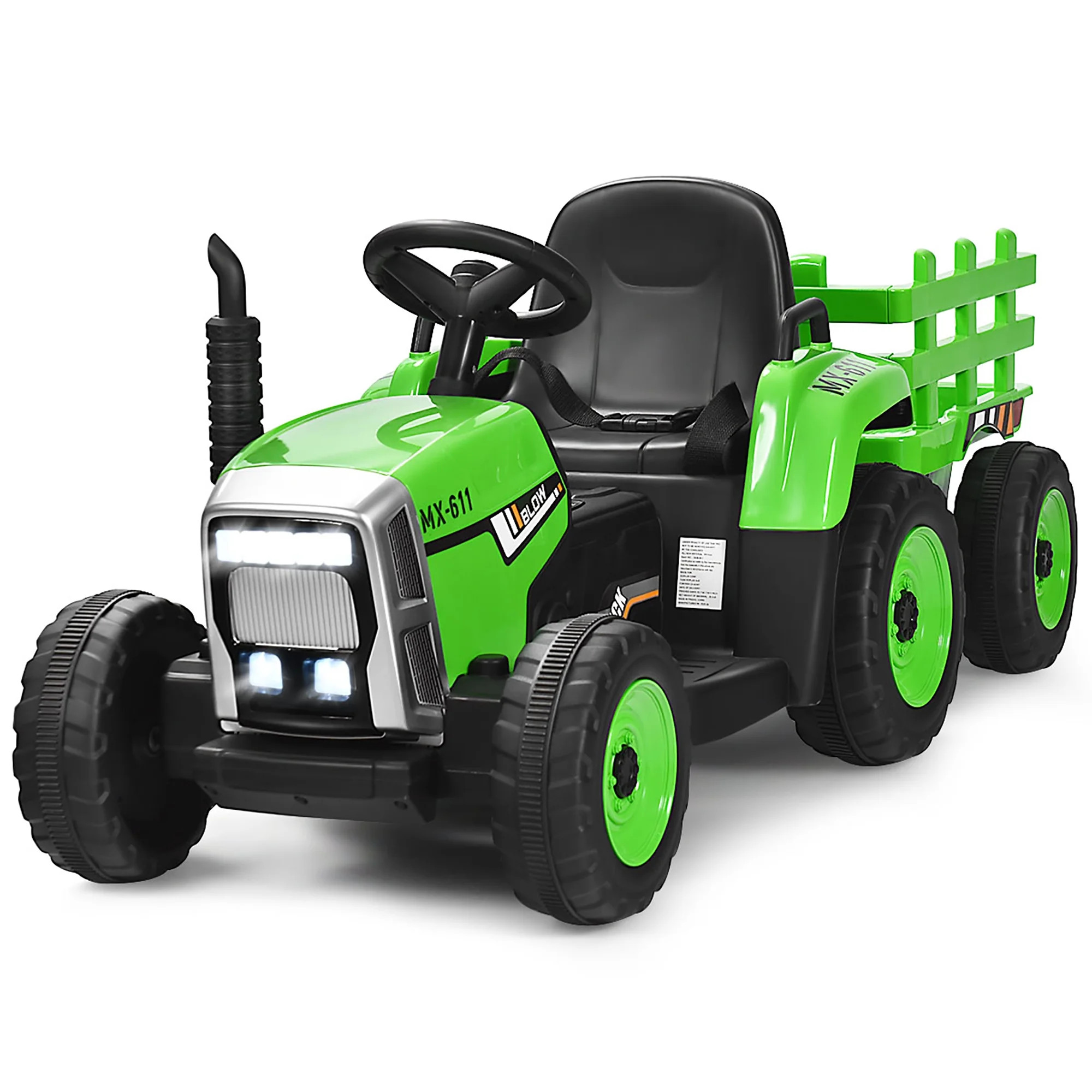Costway 12V Kids Ride On Tractor with Trailer Ground Loader w/Remote Control &LED Lights Green | Walmart (US)