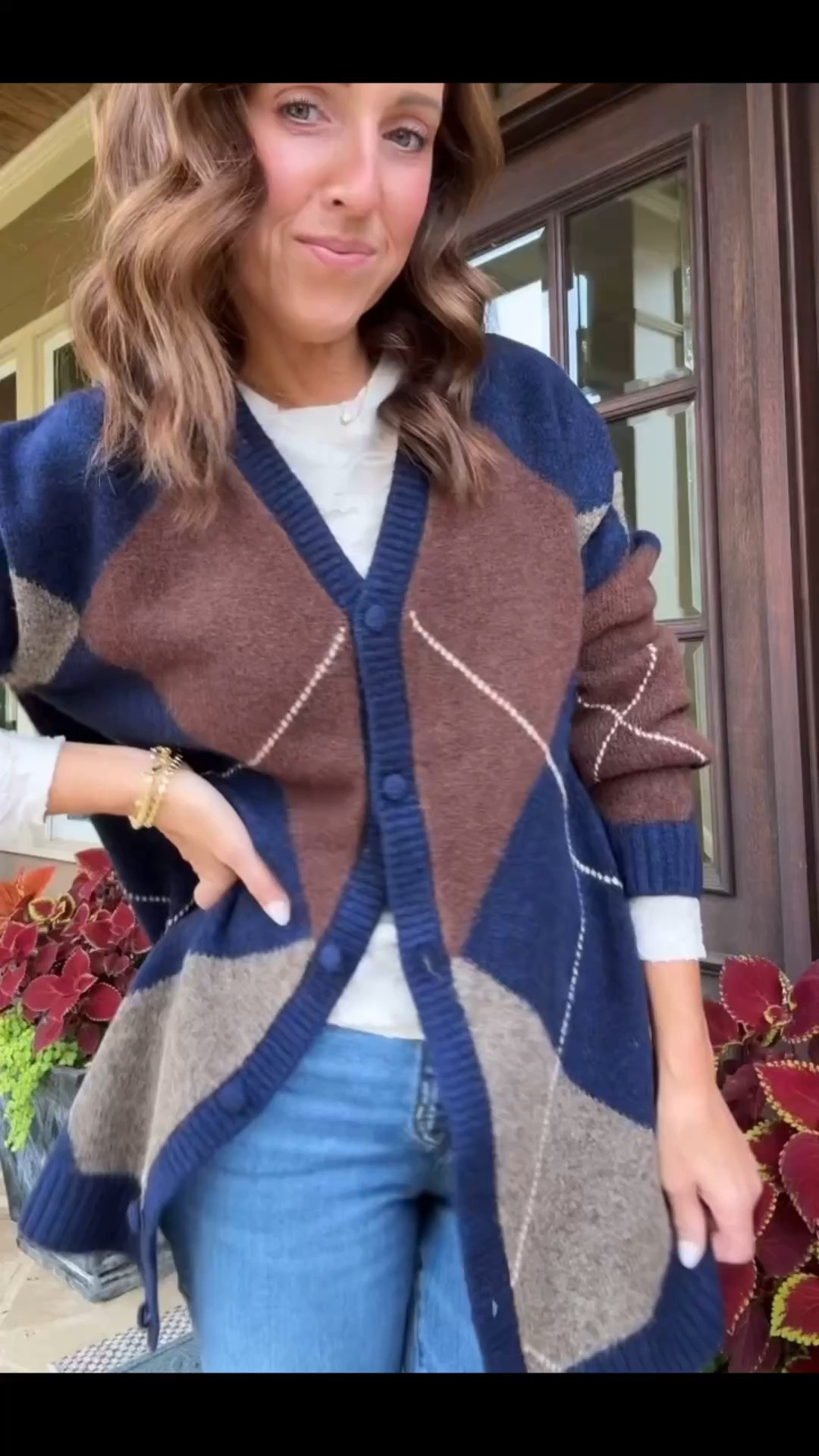 Argyle cardigan sweater. Fall cardigan. 
Sweater S. Top S. Jeans down 1 size, 24.