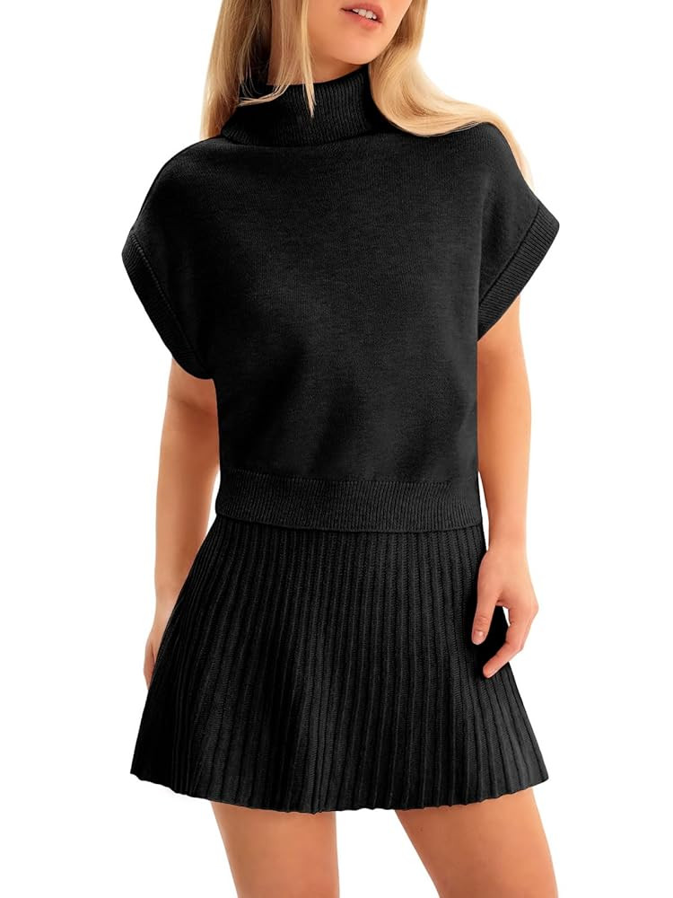 Tankaneo Womens Skirt 2 Piece Sets Sweater Set 2025 Turtleneck Cap Sleeve Crop Top and Pleated Mi... | Amazon (US)