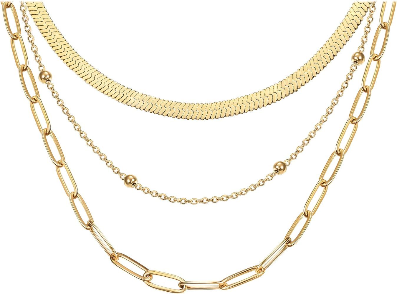 Thunaraz Stainless Steel Link Layered Necklace Flat Snake Herringbone Link Chain Paperclip Choker... | Amazon (CA)