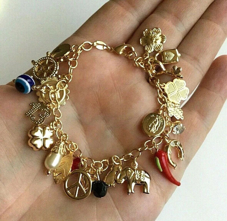 18K Gold Filled Charm Good Luck ,Money Bracelet 7,25" long  /Pulsera de Buena Suerte.Dinero,Prote... | Etsy (US)