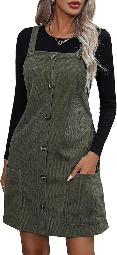 Women's Button Front Corduroy Overall Pinafore Mini Dress with Pocket      
 Polyester  

 Work, ... | Amazon (US)