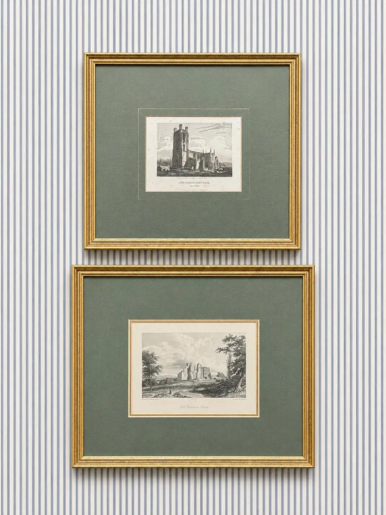 Pair English Engravings | Newport Church, Old Woodstock Manor, Matted Gold Frame Wall Art | Etsy (Global)