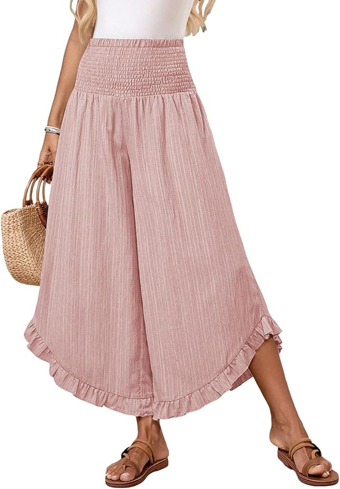 Wide Leg Pants for Women Palazzo High Waist Flowy Ruffle Hem     2026 Soft Fabric with Smocked Wa... | Amazon (US)