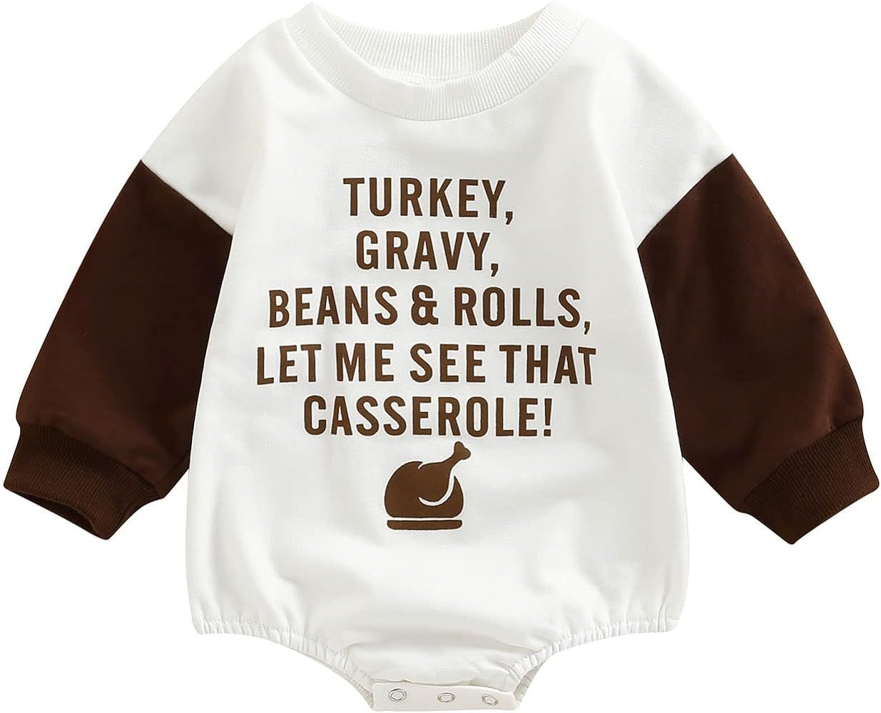 Newborn Baby Boy Girl Thanksgiving Outfit Letter Print Turkey Romper Sweatshirt Onesie Long Sleev... | Amazon (US)
