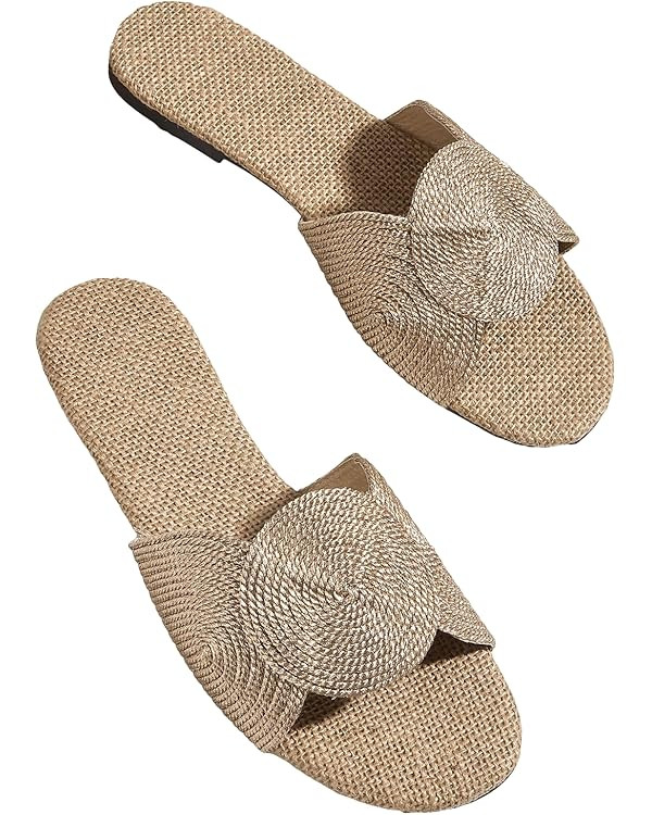 OYOANGLE Women's Round Decor Open Toe Flat Sandals Solid Casual Summer Outdoor Boho Beach Slides | Amazon (US)