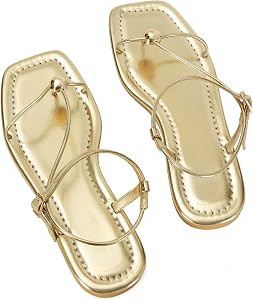 Strappy Flat Sandals for Women Comfortable Open Square Toe Sandals Dressy Beach Thong Flip Flop S... | Amazon (US)