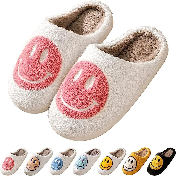 Smiley Face Slippers, Retro Soft Plush Warm Slip-on Slippers, Cozy Indoor Outdoor Slippers with M... | Amazon (US)