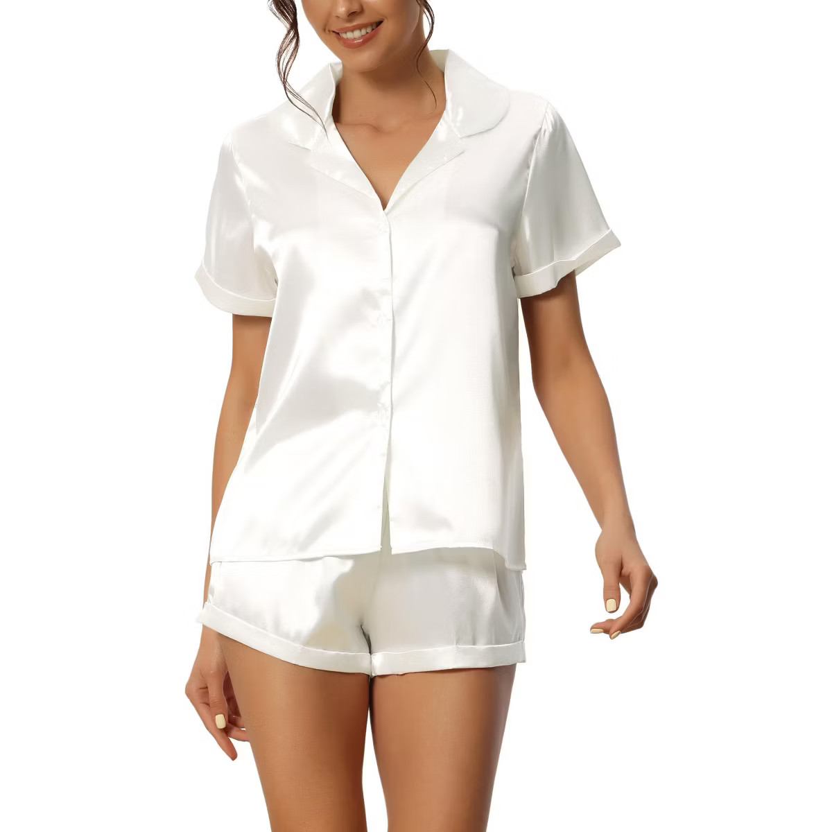 cheibear Women's Button Short Sleeve Shirt and Shorts Satin 2-Piece Sleepwear Pajama Sets | Target
