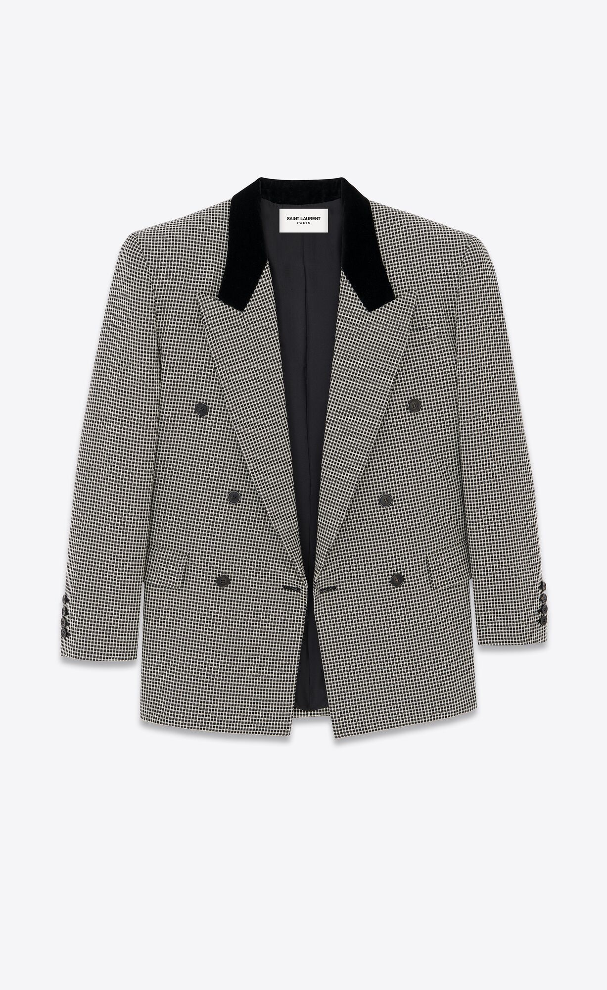 double-breasted, six-button jacket made with responsible wool, featuring a velvet collar, peaked ... | Saint Laurent Inc. (Global)