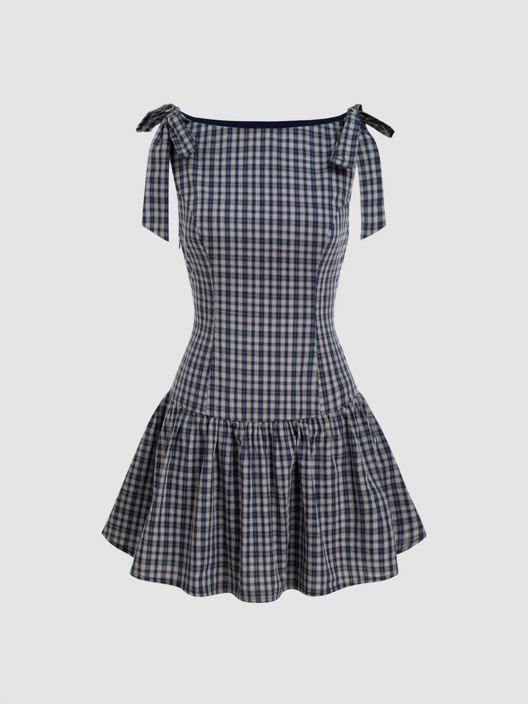 100% Cotton Boat Neck Bowknot Plaid Ruffle Mini Dress | Cider