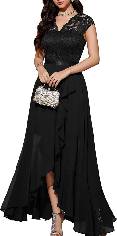 Bbonlinedress Women's V-Neck Dress for Women Wedding Guest Hi-Lo Floral Lace Prom Cocktail Party ... | Amazon (US)