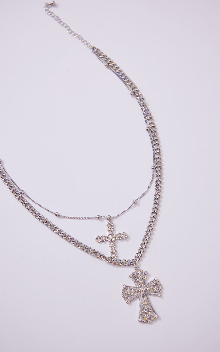 Silver Layered Cross Chunky Chain Necklace | PrettyLittleThing US