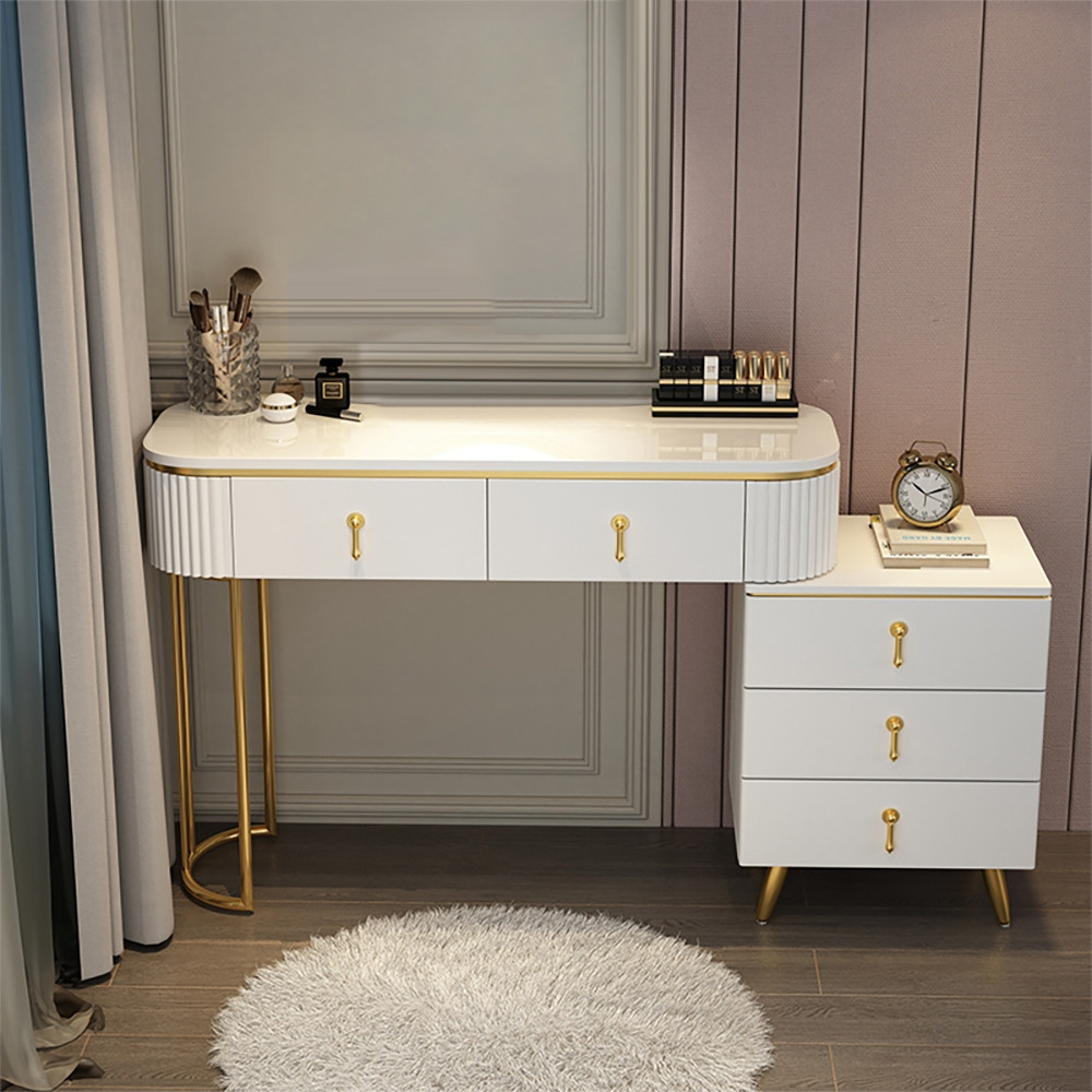 Modern White Oval Extendable Makeup Vanity with 5-Drawer Side Cabinet Included in Small | Homary.com