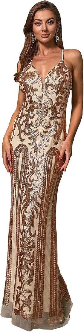 Angel-fashions Women's V Neck Floral Sequin Lace Up Sheath Long Evening Dress | Amazon (US)