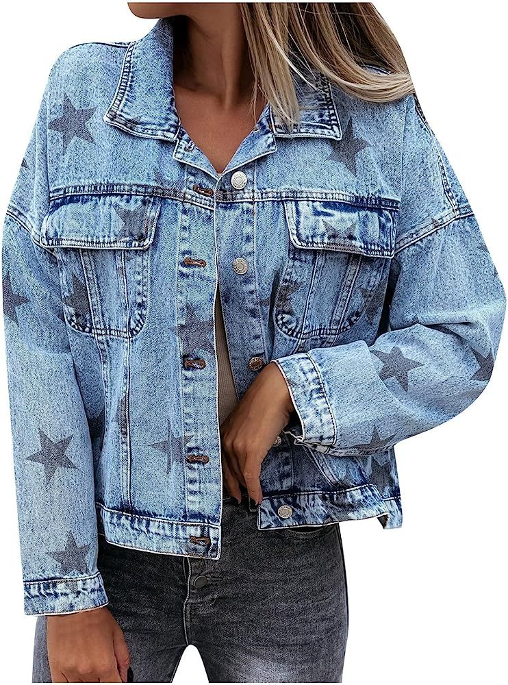 SKDOGDT Women Crop Star Prints Washed Pocket Jean Jacket Fashion Long Sleeve Lapel Button Down Denim | Amazon (US)