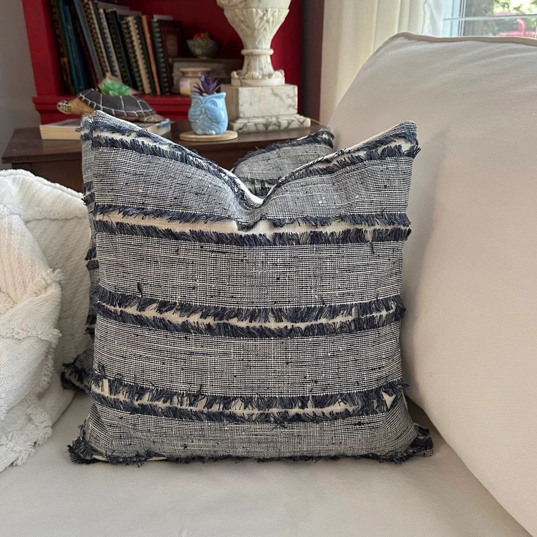 Navy and White Striped Pillow Cover, Nautical Vibe Decor, Fringed Pattern Insert, 16 X 16 Inch, C... | Etsy (US)
