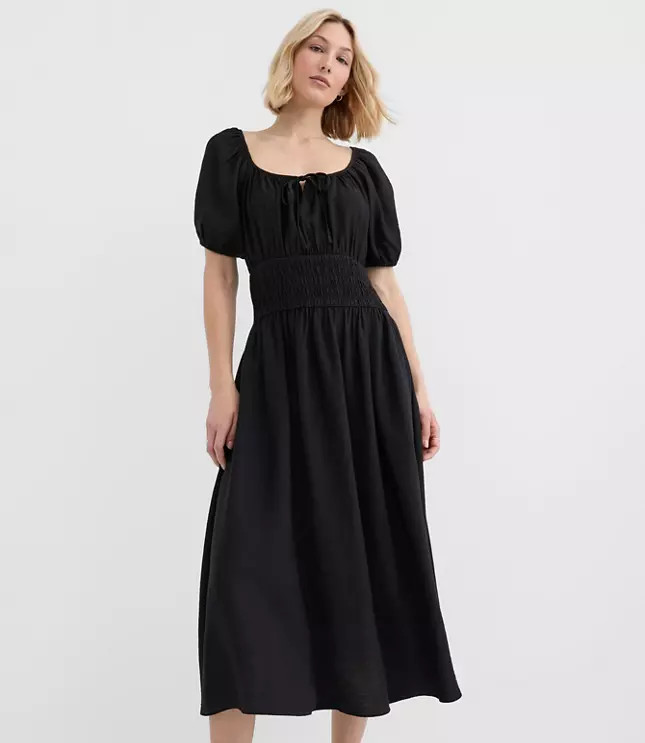 Tall Ruffle Tie Neck Smocked Midi Dress | LOFT