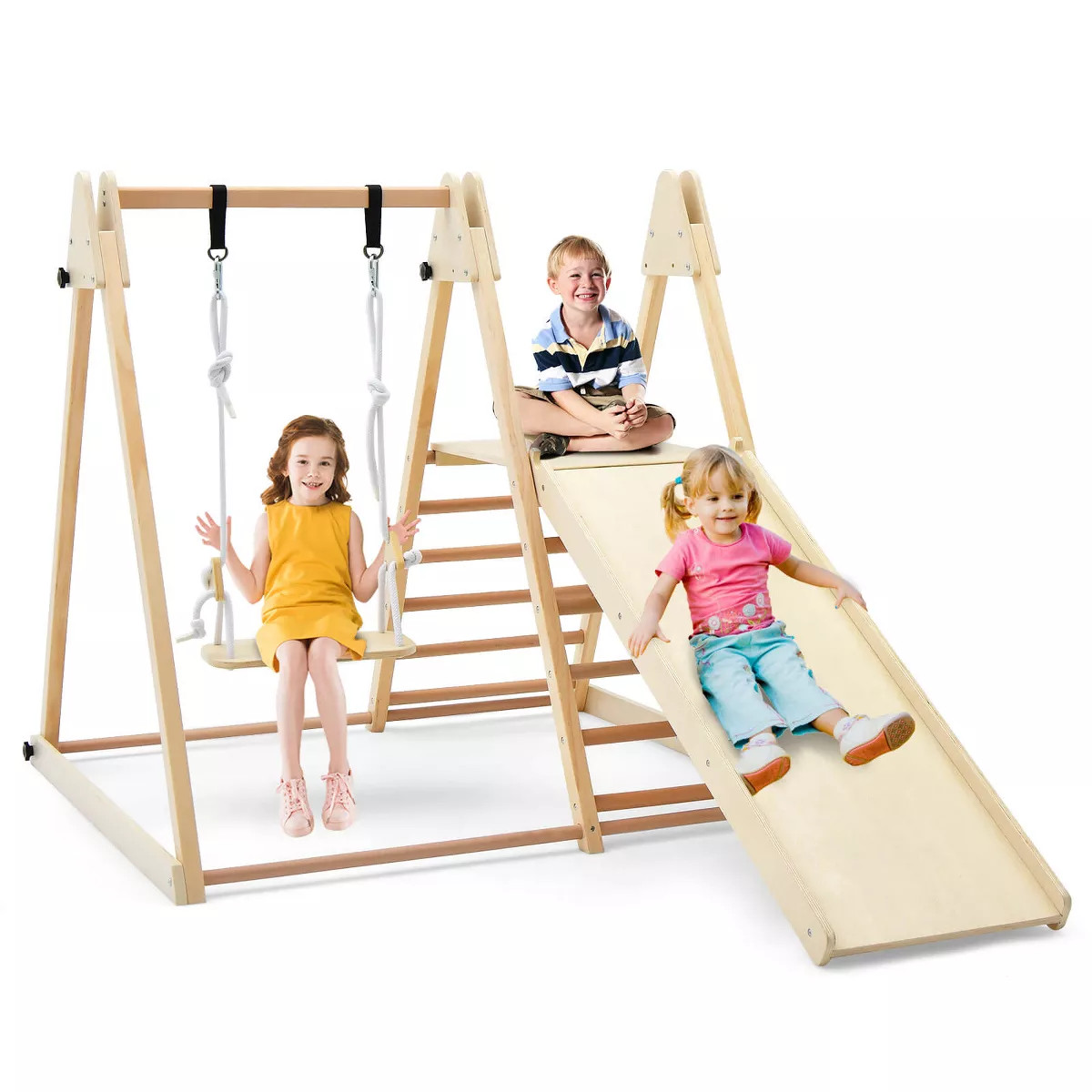 Costway 5-in-1 Kids Indoor Playground w/Slide Climbing Rock Adjustable Swing Wooden | Target