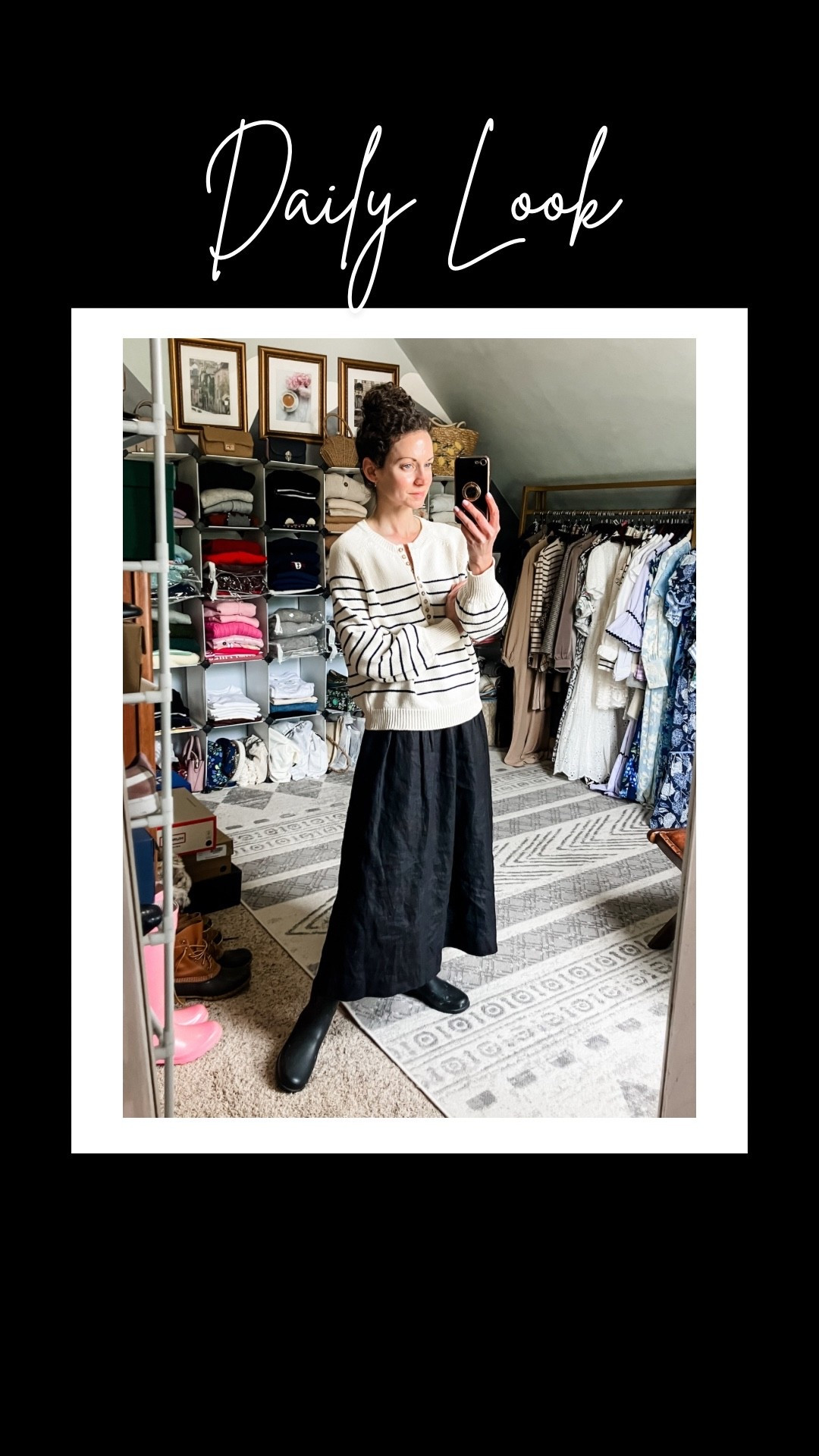 Rainy day spring outfit in cotton and linen!
Cotton stripe sweater from Sezane. 
Linen skirt is old, linking similar. 
Black rain boots from Hunter. 
Petite outfit. Spring outfit. Modest outfit. Parisian outfit. Classic outfit  

#LTKdayinmylife #LTKgrwm #LTKootd