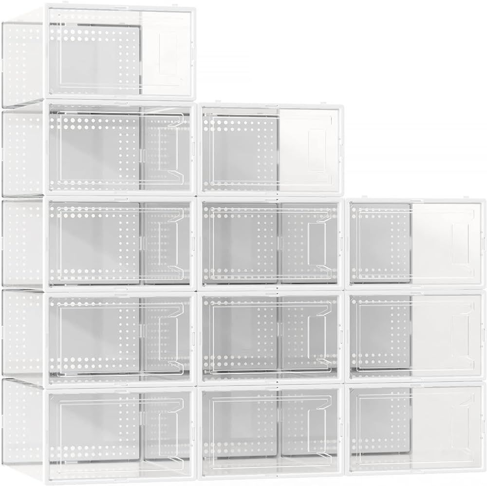 12 Pack Large Shoe Organizer Storage Boxes for Closet, Modular Space Saving Shoe Boxes Clear Plas... | Amazon (US)