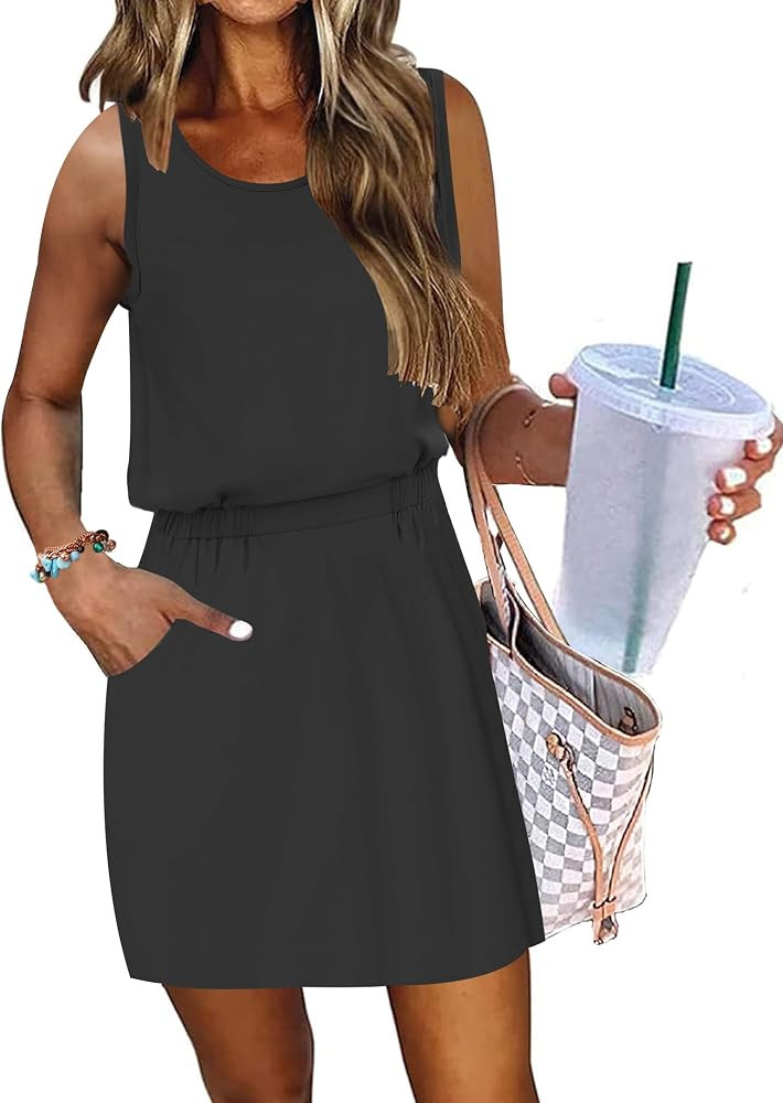 AUSELILY Women Summer Dress 2025 Casual Sleeveless Sundress Crew Neck Beach Short Dresses with Po... | Amazon (US)