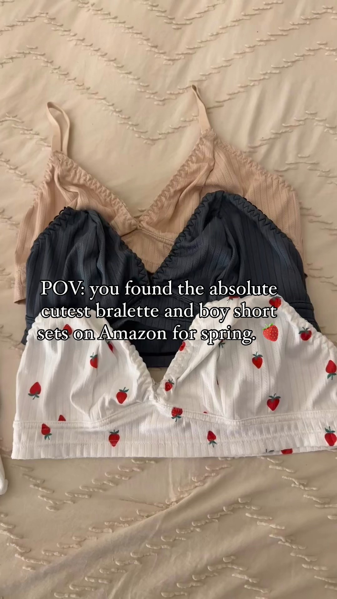This set! I love the 3 pack of bralette and boy shorts for sleepwear, loungewear or underwear. The 🍓 print is perfect for spring/summer and the material is so soft. 3 sets for under $32 on Amazon! Comfort meets cute. 

#LTKFindsUnder50 #LTKWatchNow #LTKSeasonal
