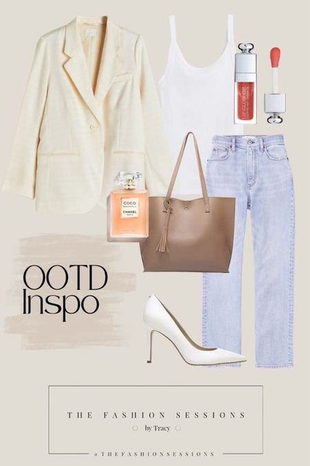 Outfit Inspiration | Blue Jeans | Cream Blazer | White Pumps | Elevated Casual |
