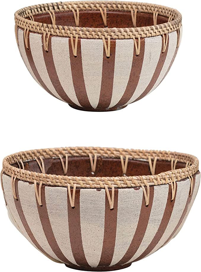 Bloomingville Handmade Decorative Terra-Cotta Woven Rattan Rims, Set of 2 Bowl, Multi Color, 2 | Amazon (US)