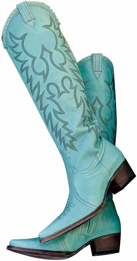 Women Pink Cowboy Boots Mid Calf Cowgirl Boots Sky Blue Western Boots Embroidered Suede Boots Pul... | Amazon (US)