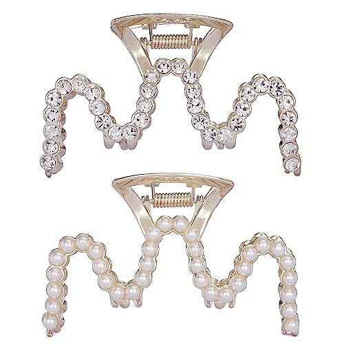 Rhinestone Hair Clips, Textention 3.4 Inch Pearl Claw Clips for Thick Hair, Crystal Metal Hair Jaw Clamps Fashion Hair Accessories for Women Bride Bridesmaid (2 Pack) | Amazon (US)