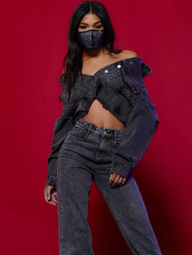 Washed Frayed Hem Ripped Denim Jacket | SHEIN