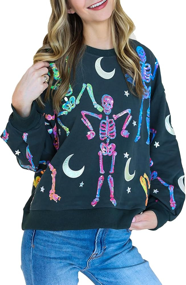 Meiweileya Womens Y2k Halloween Spooky Ghost Candy Corn Sequin Graphic Sweatshirt | Amazon (US)