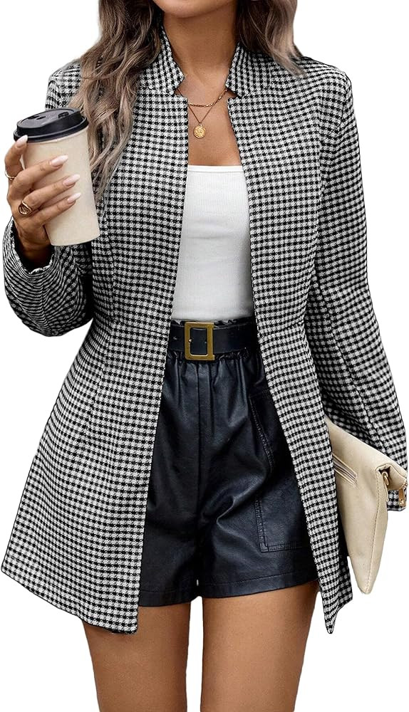 Mina Self 2025 Fall Winter Plaid Women’s Long Blazer Jackets - Houndstooth Open Front Notched L... | Amazon (US)