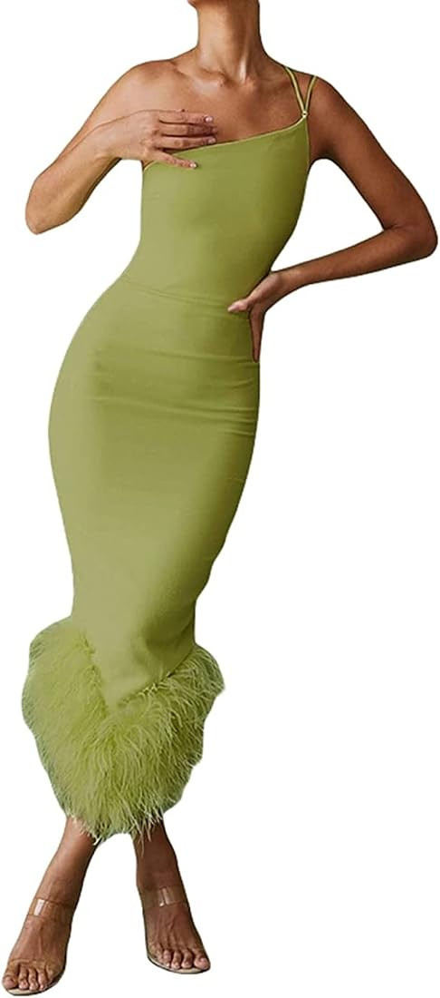 Suillty Sexy One Shoulder Feather Hem Midi Dresses for Women Elegant Sleeveless Bodycon Long Dres... | Amazon (US)