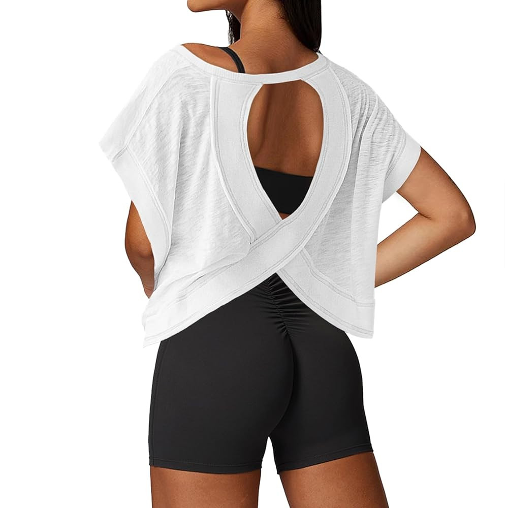 Open Back Workout Tops for Women Loose Fit Athletic Crop Tee Short Sleeve Gym Running Yoga Shirt | Amazon (US)