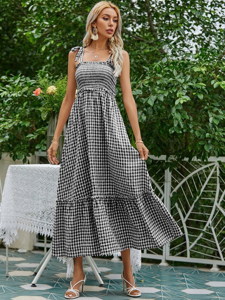 Gingham Shirred Tie Shoulder Cami Dress | SHEIN