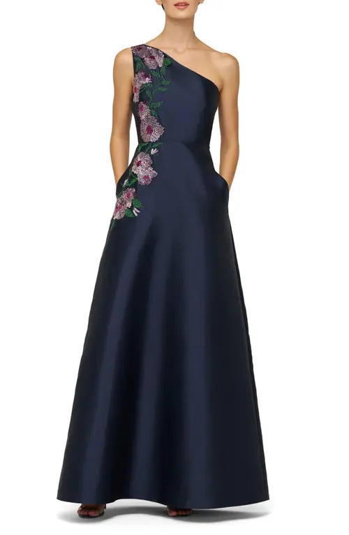 Kay Unger Giada Beaded One-Shoulder Gown in Dark Midnight at Nordstrom, Size 12 | Nordstrom