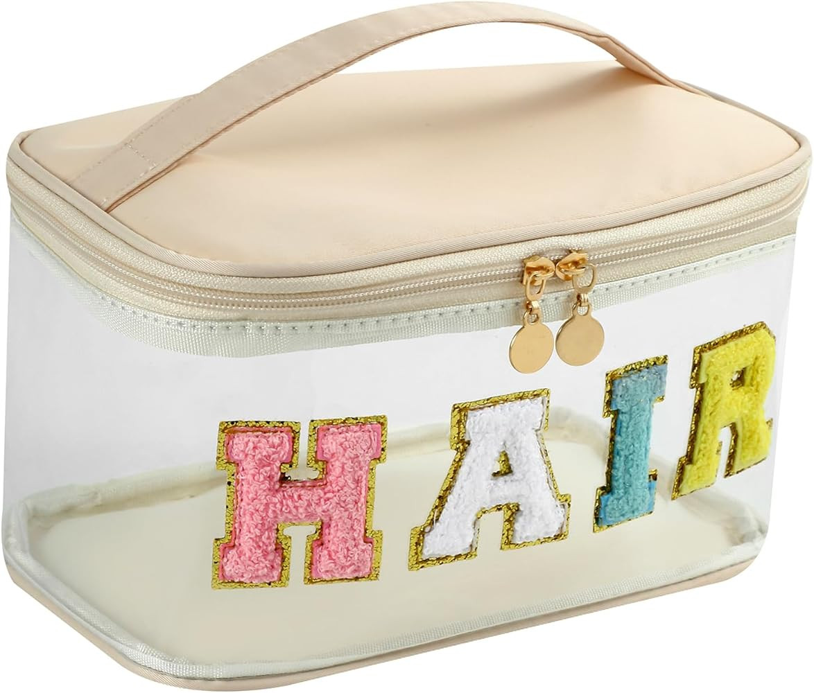 Personalized Chenille Letter Clear Hair Makeup Bag, Large Size Waterproof Nylon Cosmetic Toiletry... | Amazon (US)