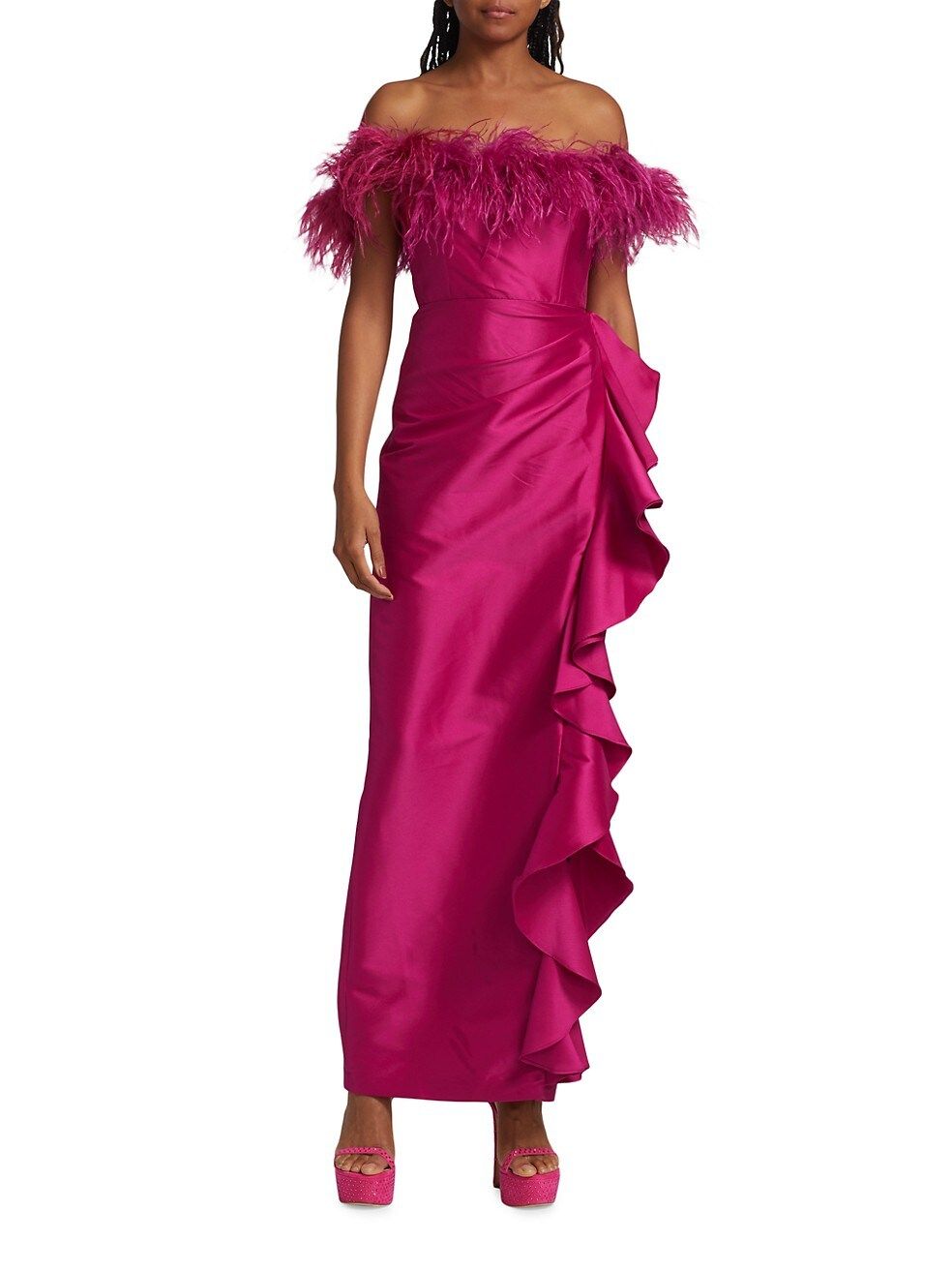 Off-The-Shoulder Feather Trimmed Asymmetrical Ruffle Gown | Saks Fifth Avenue