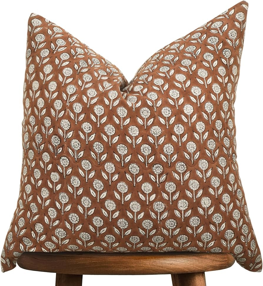 Hand-Block Printed, Artisan-Made Neutral Accent Throw Cushion Cover- Thick Cotton Cushion for Sof... | Amazon (US)