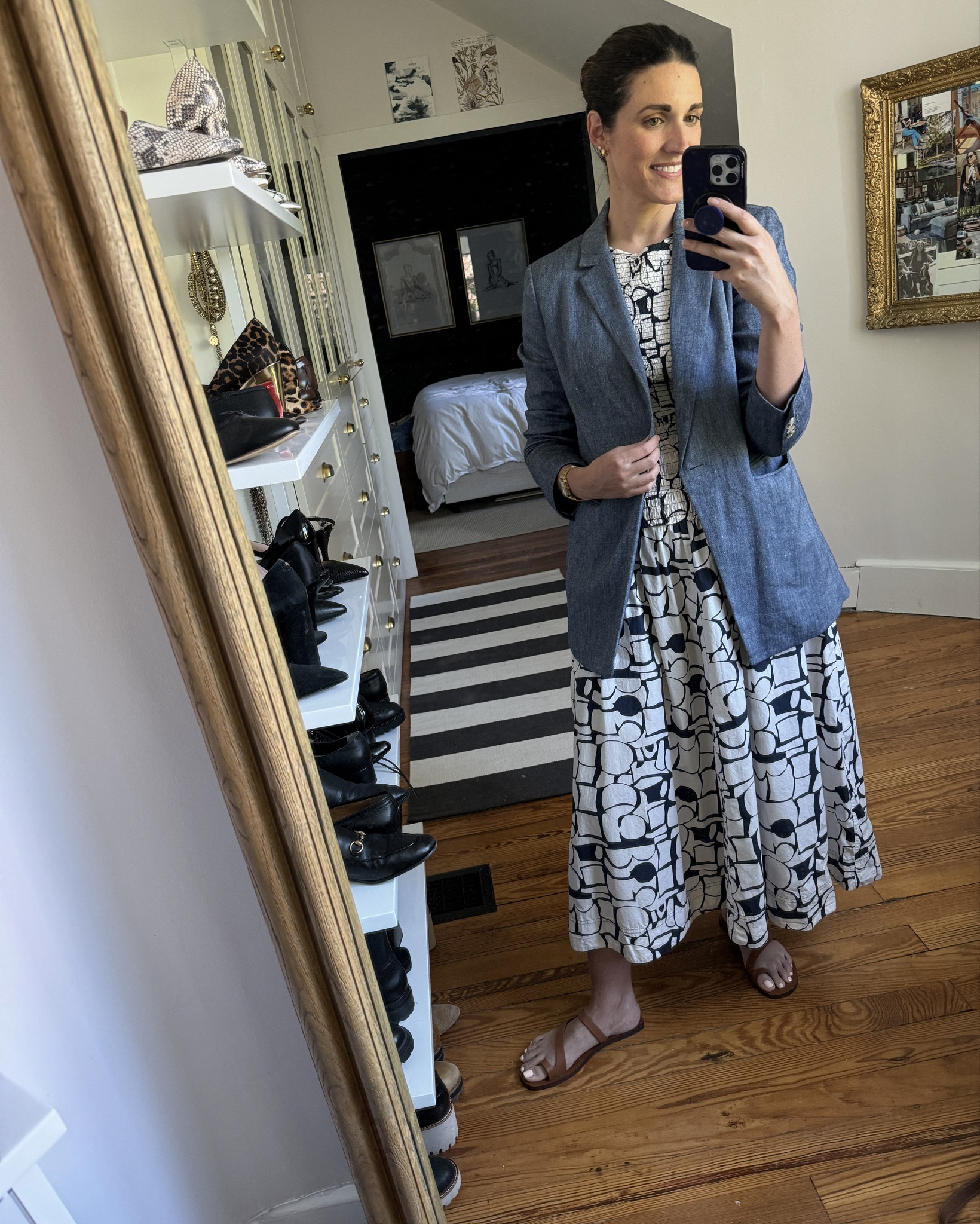 Love this smocked dress!!! Layered with a chambray blazer for a meeting, plus my favorite easy sandals 🤍

#LTKWorkwear #LTKSeasonal #LTKOver40