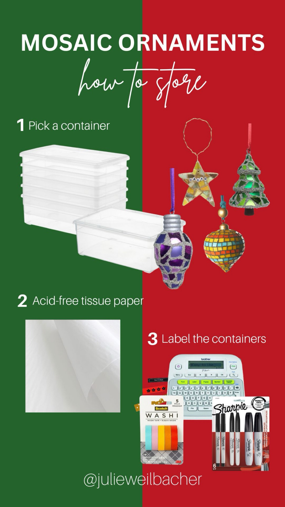 Sharing what you need to store and protect your mosaic ornaments. Keeping them in their own container will add an extra layer of protection. 🎄 For mosaic tips, tutorials, inspiration, and so much more please visit my YouTube channel: YouTube.com/julieweilbacher. 🎄 Follow @julieweilbacher on Instagram for all things mosaic art. ornament storage -  Christmas decor storage - acid free tissue - Christmas decor organization - storing ornaments - mosaic ornaments - mosaic art - clear storage containers - label maker

#LTKhome #LTKSeasonal #LTKHoliday
