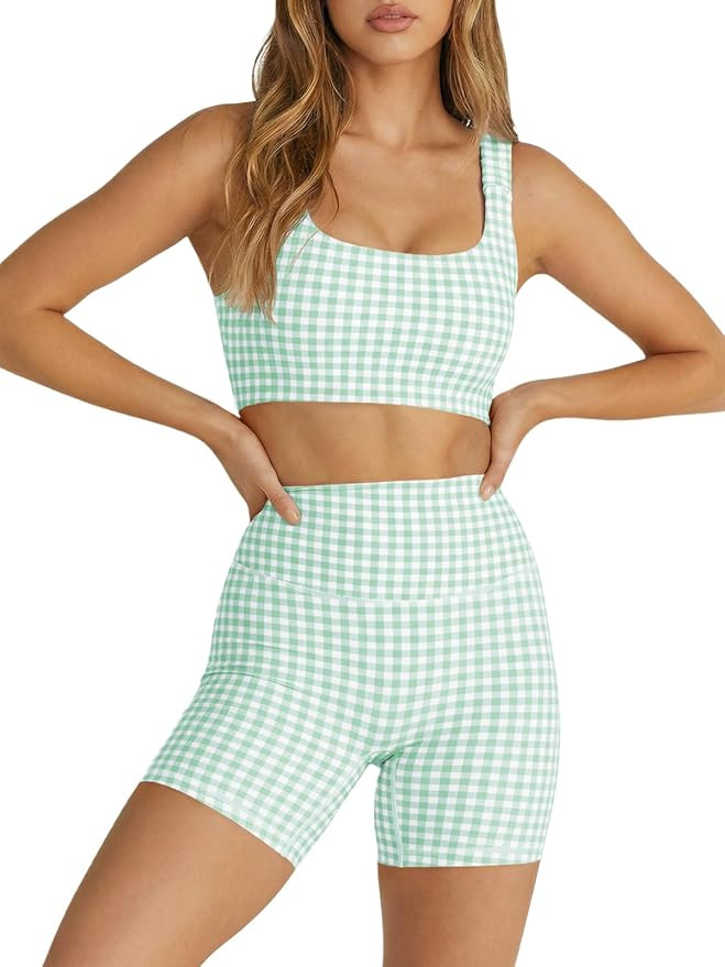 Aoysky Womens Workout Gingham 2 Piece Outfits Padded Open Back Crop Tank High Waist Sports Shorts... | Amazon (US)